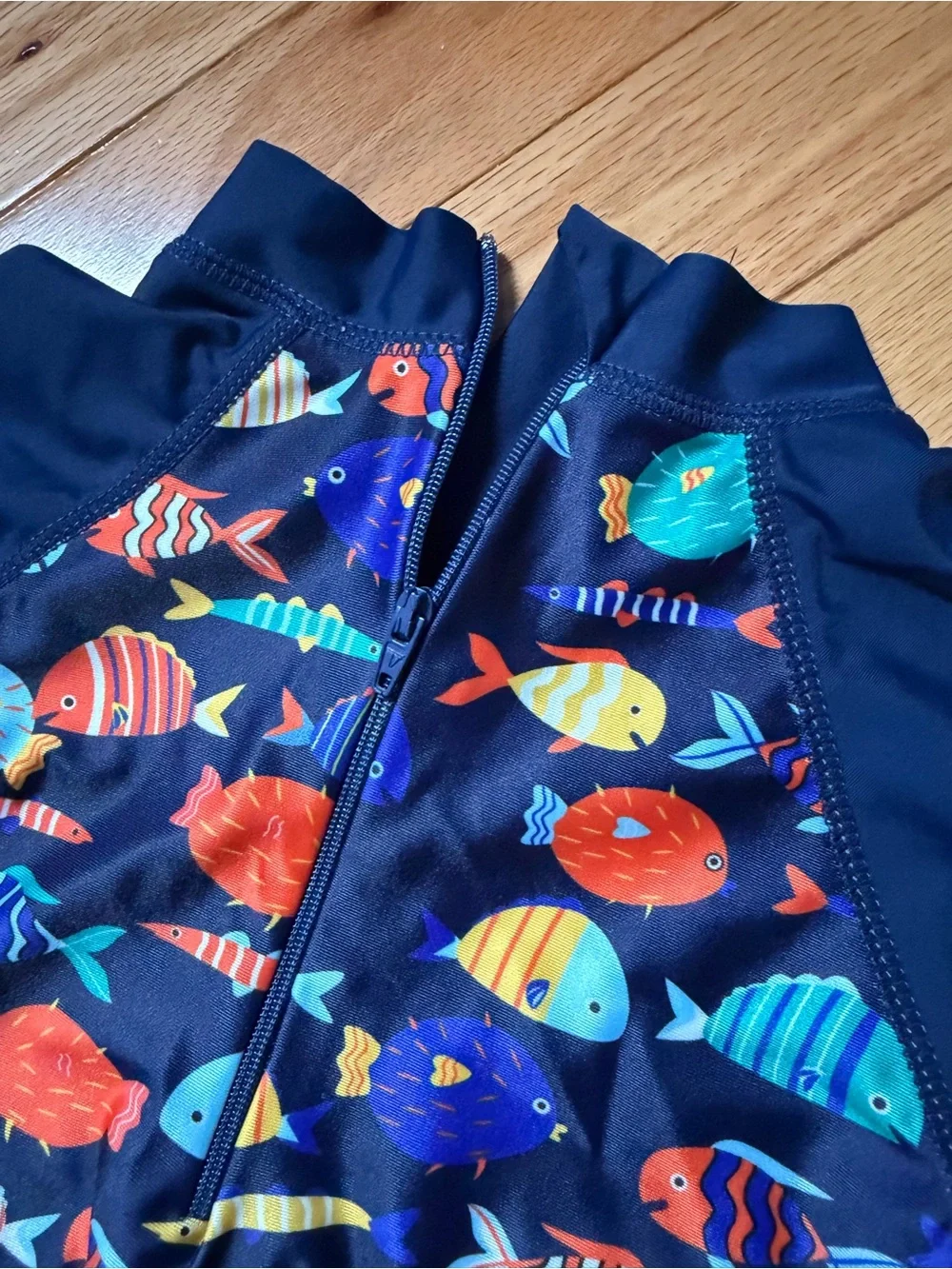 Kids Navy Blue Fish Print Long Sleeve Rash Guard Suit with hat